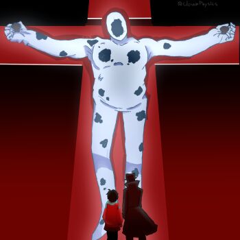 1girl 2boys artist_name black_coat clownsphysics coat cross crossover crucifixion hat highres jacket looking_at_another marvel multiple_boys neon_genesis_evangelion parody peni_parker red_jacket scene_reference size_difference skirt spider-man:_across_the_spider-verse spider-man_(series) spider-man_noir spider-verse spot_(marvel) standing twitter_username what