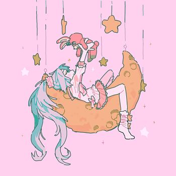 Rule 34 | 1girl, ao 6336, arms up, blue eyes, blush stickers, commentary, crescent moon, from side, full body, hatsune miku, highres, holding, holding stuffed toy, lol -lots of laugh- (vocaloid), long hair, loose socks, lying, moon, no shoes, on back, pink background, skirt, smile, socks, solo, star (symbol), stuffed animal, stuffed rabbit, stuffed toy, three-quarter sleeves, twintails, very long hair, vocaloid