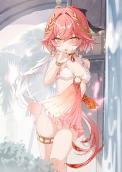 1girl absurdres aged_down ahoge bare_shoulders bikini blush bracelet breasts changli_(wuthering_waves) closed_mouth colored_extremities commentary_request gold_choker hair_between_eyes hair_extensions hair_ornament hair_rings highres jewelry laurel_crown long_hair looking_at_viewer maozi_tutu multicolored_hair navel o-ring o-ring_bikini orange_eyes paid_reward_available pink_skirt ponytail red_hair red_hands ring_hair_extensions skirt small_breasts smile solo standing stomach swimsuit thigh_gap thighlet thighs tongue tongue_out tree very_long_hair water waterfall white_bikini white_hair wuthering_waves