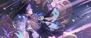 1boy analog_clock anemo_symbol_(genshin_impact) aqua_kimono aqua_sleeves arm_at_side belt black_belt black_bodysuit black_bow black_shorts blue_cape blue_hat blunt_ends bodysuit bow bug butterfly cape clock covered_collarbone curled_fingers dterl feathers genshin_impact gold hakama hakama_shorts han&#039;eri hat heart highres holding holding_heart insect japanese_clothes jingasa kimono layered_clothes layered_kimono layered_sleeves looking_at_object male_focus mandarin_collar open_clothes open_hand open_kimono parted_lips pleated_shorts pom_pom_(clothes) purple_eyes purple_hair purple_rope rope scaramouche_(genshin_impact) short_sleeves shorts solo tassel vision_(genshin_impact) wanderer_(genshin_impact) white_kimono white_mouth white_sleeves white_trim yellow_feathers