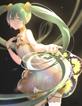 1girl absurdres ballerina bracelet breasts closed_mouth collarbone dress gold_bracelet gramophone_miku green_eyes green_hair green_nails hatsune_miku headset highres jewelry kyo_ka_6 looking_at_viewer medium_breasts miku_symphony_(vocaloid) official_alternate_costume official_alternate_hairstyle single_thighhigh smile solo strapless strapless_dress thighhighs tutu vocaloid white_dress white_thighhighs