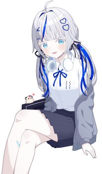 Rule 34 | 1girl, :d, absurdres, aokumo rin, bandaid, bandaid on leg, black ribbon, black skirt, blue eyes, blue hair, breasts, collared shirt, commentary request, crossed legs, dress shirt, feet out of frame, grey hair, grey jacket, hair ribbon, headphones, headphones around neck, heart, highres, jacket, long sleeves, looking at viewer, low twintails, medium breasts, multicolored hair, off shoulder, open clothes, open jacket, open mouth, pleated skirt, puffy long sleeves, puffy sleeves, ribbon, shirt, simple background, sitting, skirt, smile, solo, sprout (haji s), stellive, streaked hair, twintails, virtual youtuber, white background, white shirt