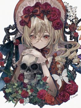 1girl alternate_costume bug closed_mouth commentary_request cropped_torso dress drill_hair duca flandre_scarlet flower hair_flower hair_ornament hair_ribbon hat highres impasto insect long_hair looking_at_viewer moth red_dress red_eyes red_flower red_ribbon red_rose ribbon rose simple_background skull solo touhou upper_body white_background