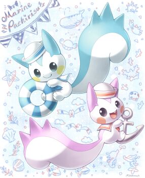 alternate_color anchor black_eyes blue_fur blue_trim clamperl closed_mouth clothed_pokemon corsola finneon fluffy galarian_corsola galarian_form gen_1_pokemon gen_2_pokemon gen_3_pokemon gen_4_pokemon gen_6_pokemon gen_7_pokemon gen_8_pokemon hat highres horsea hugging_object lifebuoy looking_at_viewer nintendo open_mouth orange_trim pachirisu pincurchin pokemon pokemon_(creature) purple_fur pyukumuku sailor_collar sailor_hat sasabunecafe shellder shiny_and_normal shiny_pokemon skrelp smile staryu swim_ring tail teeth twitter_username two-tone_fur upper_teeth_only wailmer wailord white_fur wingull