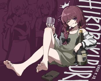 1girl barefoot blush bocchi_the_rock! bottle crossed_legs cup drinking_glass feet geta highres hiroi_kikuri long_hair looking_at_viewer mcwanderer one_eye_closed purple_eyes red_hair sake_bottle shoes single_shoe soles toes unworn_shoes wine_glass