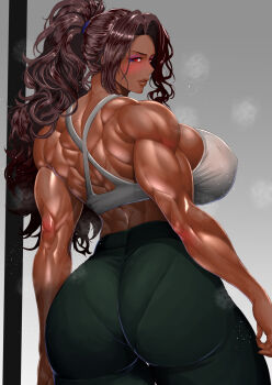 1girl abs bare_shoulders biceps blush breasts brown_hair dark-skinned_female dark_skin eyelashes eyeliner highres kurosaka_oekaki large_breasts long_hair looking_at_viewer makeup muscular muscular_female obliques original purple_eyeliner red_eyes smile thick_thighs thighs yunakutesu_juri_(kurosaka_oekaki)