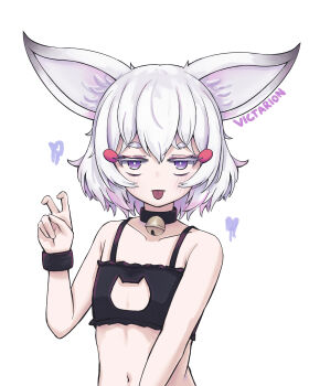 1girl :p absurdres animal_ears bell bent_v black_bra bra cat_cutout cat_lingerie clothing_cutout collar flat_chest fox_ears fox_girl highres jitome looking_at_viewer navel neck_bell phase_connect pink_hair purple_eyes short_hair simple_background stomach tenma_maemi tongue tongue_out underwear v victarionsc virtual_youtuber white_background wristband