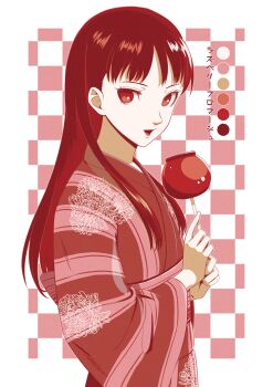 Rule 34 | 1girl, :d, absurdres, alternate costume, amagi yukiko, candy apple, checkered background, citronhsp, color guide, food, from side, highres, japanese clothes, kimono, long hair, long sleeves, looking at viewer, open mouth, persona, persona 4, red eyes, red hair, smile, solo, standing, straight hair, striped clothes, striped kimono, upper body, wide sleeves