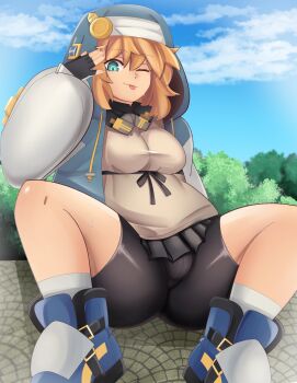 Rule 34 | 1futa, bike shorts, breasts, bridget (guilty gear), bulge, day, dress, fingerless gloves, futanari, genderswap, genderswap (mtf), gloves, guilty gear, guilty gear strive, hippity hoppi, hood, hoodie, medium breasts, one eye closed, outdoors, shoes, sitting, tongue, tongue out