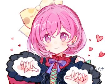 1girl black_dress bow chinese_commentary closed_mouth cohana commentary_request cross-laced_clothes cross-laced_dress double-parted_bangs dress earrings flipped_sidelocks frilled_sleeves frills hair_between_eyes hair_bow hands_up heart jewelry long_sleeves looking_at_viewer official_alternate_costume ootori_emu pink_eyes pink_hair portrait project_sekai red_shirt shirt short_hair simple_background single_bare_shoulder sleeveless sleeveless_dress smile solo white_background wonderhorror~!?_na_kimodameshi!_(project_sekai) yellow_bow