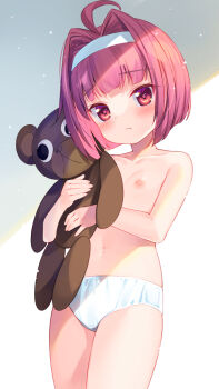 1girl ahoge bucchake_(asami) commission female_focus flat_chest hair_ornament hairband holding holding_stuffed_toy hugging_doll hugging_object loli looking_at_viewer mint_clark navel nipples panties pink_eyes pink_hair pixiv_commission short_hair solo stuffed_animal stuffed_toy super_blackjack teddy_bear topless_female underwear underwear_only upper_body white_panties