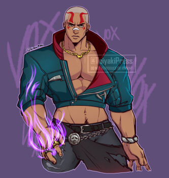 1boy abs bandaid bandaid_on_face bandaid_on_nose bare_pectorals belt black_belt black_pants blue_jacket bracelet buzz_cut chain chain_belt closed_mouth collarbone cropped_jacket cropped_legs dark-skinned_male dark_skin denim facial_mark fatal_fury fatal_fury:_city_of_the_wolves fire gold_chain gold_ring green_eyes jacket jewelry looking_at_viewer male_focus multicolored_jacket muscular muscular_male navel_hair no_shirt pants pectoral_cleavage pectorals popped_collar purple_background pyrokinesis short_hair silver_bracelet silver_ring simple_background sleeves_rolled_up solo torn_clothes two-tone_jacket v-shaped_eyebrows very_short_hair vox_reaper watermark yaki_(taiyakipress)