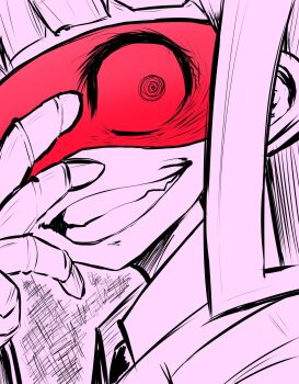 1girl collared_shirt fangs from_side gesugao gp_01 grin hand_up helltaker highres long_hair looking_at_viewer looking_to_the_side loremaster_(helltaker) nuka_cola06 red_goggles shirt smile solo teeth