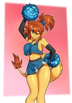 1girl absurdres arm_up artist_name black_gloves blue_eyes blue_skirt borrowed_character breasts brown_hair cheerleader colored_skin elbow_gloves gloves grin highres hunybee looking_at_viewer medium_breasts one_eye_closed open_mouth original panties pantyshot pointy_ears pom_pom_(cheerleading) ponytail sharp_teeth shiny_skin short_hair short_ponytail sidelocks skirt smile solo tail teeth underwear white_panties yellow_skin