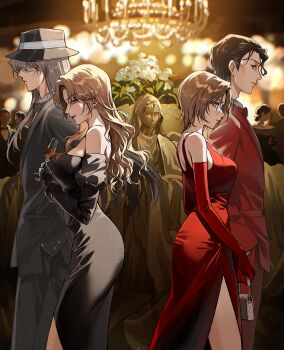 2boys 2girls absurdres akai_shuuichi bag black_dress black_gloves black_hair blonde_hair blue_eyes brown_bag brown_hair champagne_flute chandelier covered_eyes cup dress drinking_glass elbow_gloves flower formal_clothes gin_(meitantei_conan) gloves grey_hair grey_pants grey_suit handbag highres holding holding_bag holding_cup jodie_starling kuga_huna long_hair looking_at_viewer looking_to_the_side meitantei_conan mob_face multiple_boys multiple_girls pants red_dress red_gloves red_pants red_suit sculpture short_hair suit vermouth_(meitantei_conan) white_flower