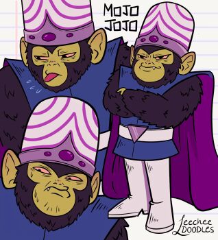 1boy absurdres belt black_eyes black_fur blue_tunic boots cape chimpanzee colored_sclera colored_skin crossed_arms english_text fang green_skin helmet highres leecheedoodles light_frown looking_down looking_to_the_side male_focus mojo_jojo multiple_views pants powerpuff_girls purple_cape red_sclera signature sleeveless solo standing thigh_boots tongue tongue_out tunic v-shaped_eyebrows white_background white_belt white_pants