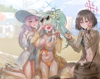 3girls aqua_hair atsuko_(blue_archive) bikini black_bikini blue_archive blue_halo blush breasts brown_eyes brown_hair brown_shirt cleavage closed_eyes closed_mouth crying floral_print floral_print_bikini flower food hair_between_eyes hair_flower hair_ornament halo hat highres hiyori_(blue_archive) hiyori_(swimsuit)_(blue_archive) holding holding_food holding_popsicle kneeling large_breasts long_hair looking_at_another misaki_(blue_archive) misaki_(swimsuit)_(blue_archive) mismatched_bikini multiple_girls navel official_alternate_costume official_alternate_hairstyle open_mouth popsicle print_bikini purple_hair red_eyes red_halo sandals see-through_clothes see-through_shirt shirt short_hair side_ponytail sidelocks solharuu stomach striped_clothes striped_shirt sun_hat swimsuit vertical-striped_clothes vertical-striped_shirt white_bikini white_flower white_hat white_sandals white_shirt yellow_bikini