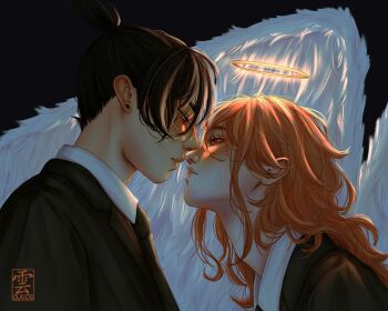 2boys adam&#039;s_apple angel angel_devil_(chainsaw_man) angel_wings black_background black_hair black_jacket black_necktie blush chainsaw_man claids collared_shirt commentary earrings english_commentary eye_contact from_side hair_between_eyes halo hayakawa_aki highres imminent_kiss jacket jewelry lips long_hair looking_at_another male_focus multiple_boys necktie nose shirt short_hair simple_background suit_jacket topknot traditional_halo upper_body white_shirt white_wings wings yaoi