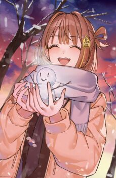 1girl blonde_hair blush brown_hair closed_eyes commentary_request evening highres jacket multicolored_hair necktie open_clothes open_jacket open_mouth outdoors ringozeri scarf sendo_yuuhi shirt snowing snowman solo steam streaked_hair teeth two-tone_hair upper_teeth_only virtual_youtuber vspo! white_scarf