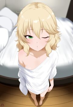 1girl absurdres bad_tag bed blonde_hair blush breasts feet full_body green_eyes highres idolmaster idolmaster_cinderella_girls idolmaster_cinderella_girls_u149 indoors legs loli long_hair looking_at_viewer mrhunking one_eye_closed pillow sakurai_momoka shirt small_breasts solo thighs toes white_shirt