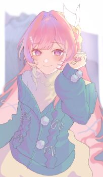 0910_2222 1girl alternate_costume blue_sweater commentary_request cyrene_(honkai:_star_rail) cyrene_(ripples_of_past_reverie)_(honkai:_star_rail) diamond-shaped_pupils diamond_(shape) hair_ornament highres honkai:_star_rail honkai_(series) long_hair looking_at_viewer multicolored_hair pink_hair purple_eyes skirt smile solo sweater symbol-shaped_pupils two-tone_hair very_long_hair white_hair white_skirt