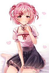 Rule 34 | 1girl, artist name, bed sheet, between legs, black skirt, blush, bob cut, bow, bow choker, breasts, casual, choker, closed mouth, collarbone, commentary, cross-laced clothes, cross-laced skirt, doki doki literature club, english commentary, finger to mouth, frilled choker, frilled shirt, frilled skirt, frills, hair ornament, hair ribbon, hand between legs, heart, high-waist skirt, highres, looking at viewer, natsuki (doki doki literature club), neck ribbon, on bed, pink eyes, pink hair, pink shirt, puffy short sleeves, puffy sleeves, red bow, red ribbon, ribbon, shimayaeiko, shirt, shirt bow, short hair, short sleeves, simple background, sitting, skirt, small breasts, smile, solo, swept bangs, thigh strap, two side up, v-shaped eyebrows, wariza, white background, white choker, x hair ornament