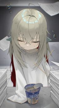 1girl absurdres ahoge blonde_hair chopsticks closed_eyes couch crossed_bangs flying_paper highres instant_noodles instant_ramen k_hottok long_hair multicolored_hair original paper paper_stack red_hair shirt single_bare_shoulder sleeves_past_fingers sleeves_past_wrists solo sweat table two-tone_hair water_drop white_shirt