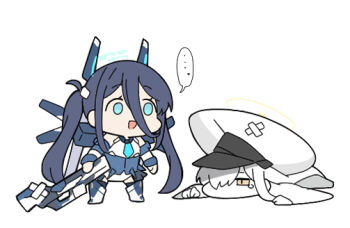 Rule 34 | ..., 2girls, :d, aris (armed) (blue archive), aris (blue archive), black hair, blue archive, blue eyes, brown eyes, chibi, commentary, crossed bandaids, hair between eyes, hair over one eye, halo, hat, headgear, leotard, long hair, lying, malkuth (blue archive), multiple girls, nyaru (nyaru 4126), on stomach, open mouth, simple background, smile, spoken ellipsis, standing, tears, twintails, very long hair, white background, white hair, white hat, white leotard