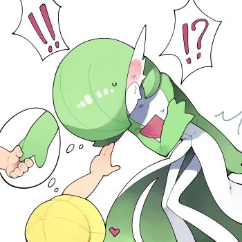 ! !! !? 1girl 1other absurdres arm_behind_back arm_up blush bob_cut child clenched_teeth collarbone colored_skin covered_eyes drooling embarrassed flat_chest gardevoir gen_3_pokemon green_hair green_skin hair_over_eyes hand_up hat heart highres holding_hands knees_together_feet_apart leaning_forward legs mouth_drool multicolored_skin nervous nintendo pokemon pokemon_(creature) pokemon_bw preschooler_(pokemon) reaching reaching_towards_another short_hair simple_background speech_bubble spoken_exclamation_mark spoken_interrobang surprised sweat teeth thought_bubble tulip_hat two-tone_skin white_background white_skin yellow_hat youjo_modoki