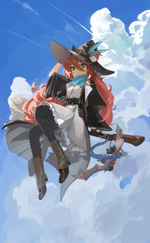 1girl :&lt; :3 absurdres animal_ear_fluff animal_ears bag bags_under_eyes belt black_gloves black_pantyhose blue_ribbon blue_scarf boots breasts broom broom_riding brown_boots cape cat_ears closed_mouth cloud cloudy_sky commission commissioner_upload curly_hair dot_nose dragon fluffy_hair flying frilled_skirt frills gaiters gloves green_eyes hair_ribbon half-closed_eyes hanging_lantern hat hat_feather highres jack-o&#039;-lantern knapsack lantern long_hair long_sleeves looking_at_viewer mbkona messy_hair open_clothes open_robe original pantyhose potion red_hair ribbon robe satchel scarf shirt sitting skirt sky slit_pupils small_breasts small_dragon tsurime unkempt very_long_hair wavy_hair white_shirt witch witch_hat