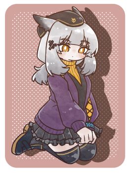 Rule 34 | 1girl, arknights, black hat, black skirt, black thighhighs, blunt bangs, blush, bright pupils, cardigan, commentary request, drop shadow, feather hair, grey hair, hat, highres, infection monitor (arknights), kneeling, long hair, long sleeves, nunnuje a u e, official alternate costume, orange eyes, orange sweater, owl ears, owl girl, pleated skirt, polka dot, polka dot background, ptilopsis (arknights), ptilopsis (serenity) (arknights), purple cardigan, skirt, solo, sweater, thighhighs, turtleneck, turtleneck sweater, white pupils, zettai ryouiki