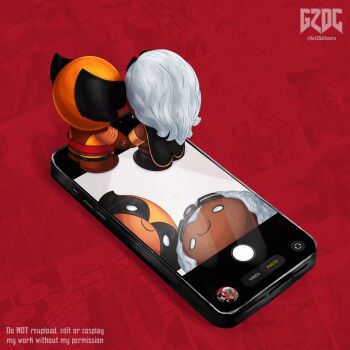 Rule 34 | 1boy, 1girl, absurdres, artist name, bodysuit, chibi, dark-skinned female, dark skin, get2dachopra, highres, marvel, phone, signature, storm (x-men), superhero costume, twitter username, white hair, wolverine (x-men), x-men