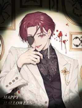 1boy alternate_costume blood earrings eyepatch fangs formal_clothes happy_halloween hashtag-only_commentary highres jacket jewelry lapels long_sleeves looking_at_viewer male_focus picture_frame red_hair ring short_hair smile solo soru_2023 spotlight suit_jacket suo_hayato tassel tassel_earrings tongue tongue_out wind_breaker_(nii_satoru)