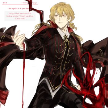 1boy alternate_costume black_coat blonde_hair blood blood_on_hands coat commentary cosplay cowboy_shot english_commentary english_text highres holding holding_polearm holding_weapon jewelry kefir1704 la_manchaland&#039;s_don_quixote_(project_moon) la_manchaland&#039;s_don_quixote_(project_moon)_(cosplay) lance limbus_company male_focus necklace nepal polearm project_moon red_eyes short_hair simple_background sinclair_(project_moon) smile solo strawpage weapon white_background