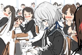 1girl artist_request blush classroom crowd konno_junko school_uniform sitting sketch white_hair zombie_land_saga