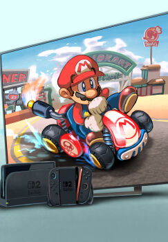 1boy :o blue_overalls brown_hair commentary drifting driving english_commentary exhaust_pipe facial_hair game_console gloves go-kart hat highres joy-con long_sleeves male_focus maribou_(supermaribou) mario mario_(series) mario_kart mario_kart_world motor_vehicle mustache nintendo nintendo_switch_2 outdoors overalls parted_lips red_hat red_shirt shirt solo steering_wheel television white_gloves yoshi