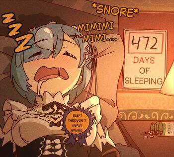 Rule 34 | 1girl, absurdres, bed, bedroom, black ribbon, blue hair, bow, closed eyes, commentary, detached sleeves, english commentary, english text, fell for it again (meme), film grain, hair over one eye, headboard, highres, mayngomay, medal, melatonin, meme, neck ribbon, nose bubble, pill bottle, pillow, pink ribbon, purple ribbon, re:zero kara hajimeru isekai seikatsu, rem (re:zero), ribbon, roswaal mansion maid uniform, saliva, short hair, sign, sleeping, solo, white bow, zzz