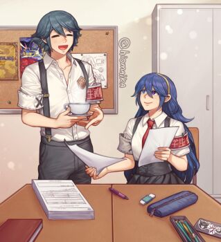 1boy 1girl alternate_costume blue_hair breasts commission contemporary eraser fire_emblem fire_emblem_awakening indoors inigo_(fire_emblem) long_hair lucina_(fire_emblem) necktie nintendo paper_stack pencil red_necktie shg_(hiomaika) small_breasts