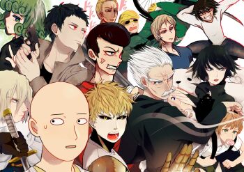 Rule 34 | 2girls, 6+boys, anger vein, bald, bang (one-punch man), bankenman, baseball bat, bicycle, black hair, black sclera, blonde hair, candy, coat, colored sclera, curly hair, doutei (one-punch man), facial hair, food, fubuki (one-punch man), genos, goggles, green hair, gun, handgun, hayakawa (hay03), helmet, ikemen kamen amaimask, katana, king (one-punch man), kinzoku bat, lollipop, mouth hold, multiple boys, multiple girls, mumen rider, mustache, namen rider, one-punch man, onsoku no sonic, red eyes, saitama (one-punch man), senkou no flash, short hair, siblings, sisters, smoke, smoking barrel, sweatdrop, sword, tatsumaki, weapon, white hair, zombieman