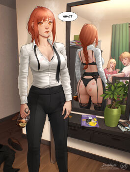 1boy 2girls artist_name ass black_bra black_jacket black_panties black_pants black_thighhighs blonde_hair bottle bra bra_peek bra_strap braid breasts cabinet chainsaw_man cigarette cleavage collared_shirt commentary cover curtains demon_girl demon_horns denji_(chainsaw_man) dress_shirt english_commentary english_text garter_belt garter_straps highres holding holding_bottle horns indoors jacket large_breasts long_hair looking_at_another magazine_cover makima_(chainsaw_man) multiple_girls necktie open_mouth panties pants partially_unbuttoned pink_shirt plant power_(chainsaw_man) red_hair red_horns shirt shirt_tucked_in shoes short_hair sidelocks single_braid sitting smoke speech_bubble standing suddakka thighhighs underwear undone_necktie white_shirt wooden_floor yellow_eyes