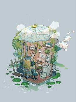 1boy basket clock clothes_hanger clothesline cloud fence green_shorts grey_background highres leaf lily_pad one_eye_closed original plant polyester_putty rain shirt shoes short_sleeves shorts sneakers solo standing stool towel transparent transparent_umbrella umbrella vines wall_clock washing_machine