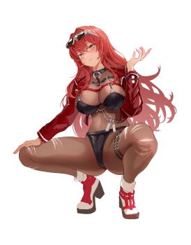 1girl absurdres asdfg belt bikini bikini_over_clothes black_bikini bodystocking breast_strap chest_belt chest_strap eyewear_on_head goddess_of_victory:_nikke highres jacket leather leather_jacket multiple_thigh_straps red_jacket see-through_cleavage see-through_clothes solo sunglasses swimsuit thigh_belt thigh_strap torn torn_bodystocking torn_clothes volume_(nikke)