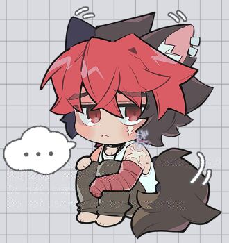 Rule 34 | ..., 1boy, :<, animal ear fluff, animal ear piercing, animal ears, bandaged arm, bandages, barefoot, black hair, brown tail, checkered background, chibi, chibi only, closed mouth, collar, commentary request, crossed bangs, dog boy, dog ears, dog tail, gogogalar, green pants, grey background, hair between eyes, hand on own knee, jewelry, knees to chest, komano manato, male focus, motion lines, multicolored hair, multiple scars, necklace, no jacket, pants, red bandage, red eyes, red hair, scar, scar across eye, scar on face, scar on shoulder, short hair, sitting, solo, spoken ellipsis, tail, tank top, white tank top, zenless zone zero