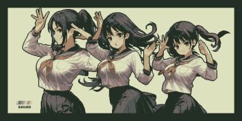:o age_difference arms_up artist_name black_eyes black_hair black_sailor_collar black_skirt blush breast_pocket breasts closed_mouth commentary_request expressionless floating_hair frown highres impossible_clothes large_breasts long_hair long_sleeves looking_at_viewer medium_breasts midriff multiple_girls original pixel_art pleated_skirt pocket ponytail raised_eyebrow red_ribbon ribbon sailor_collar school_uniform serafuku shirt sidelocks skirt specialhanako twintails white_shirt