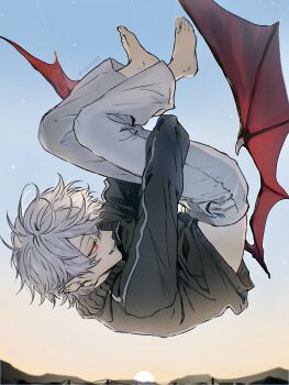 Rule 34 | barefoot, black jacket, ear piercing, floating, full body, gradient sky, hair between eyes, hashtag-only commentary, highres, hugging own legs, jacket, kuzuha (1st costume) (nijisanji), kuzuha (nijisanji), long sleeves, male focus, midriff peek, nijisanji, pants, piercing, pointy ears, red eyes, red wings, ryuyuep, short hair, sky, smile, virtual youtuber, white hair, white pants, wings