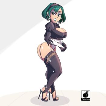 1girl 2b_(nier:automata) adapted_costume alternate_costume ass black_eyes breasts buckle cartoon_network cleavage_cutout clothing_cutout cosplay disgust earrings feet full_body green_hair gwen_(total_drama) high_heels jewelry large_breasts linkartoon lips looking_back nier:automata nier_(series) non-web_source open_mouth source_request teeth thighhighs total_drama