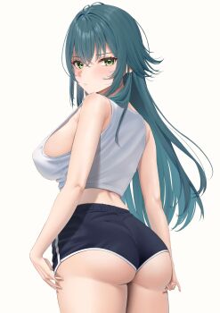 1girl absurdres black_shorts breasts closed_mouth commentary_request cropped_legs gakuen_idolmaster green_hair hair_between_eyes highres idolmaster large_breasts long_hair looking_at_viewer looking_back shinonome_shake shirt short_shorts shorts sideboob simple_background sleeveless sleeveless_shirt solo standing tank_top tsukimura_temari white_background white_shirt