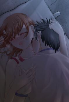 1boy 1girl a_certain_high_school_gym_uniform bare_arms black_hair blue_trim boy_on_top brown_eyes brown_hair commentary_request grabbing_another&#039;s_hair gym_shirt hair_ornament hairpin hetero highres hina_rakugaki holding_another&#039;s_hair implied_sex kamijou_touma kiss kissing_neck lying medium_hair misaka_mikoto one_eye_closed open_mouth red_trim shirt short_hair sleeveless sleeveless_shirt spiked_hair sweat toaru_kagaku_no_railgun toaru_kagaku_no_railgun_t toaru_majutsu_no_index tokiwadai_school_gym_uniform white_shirt