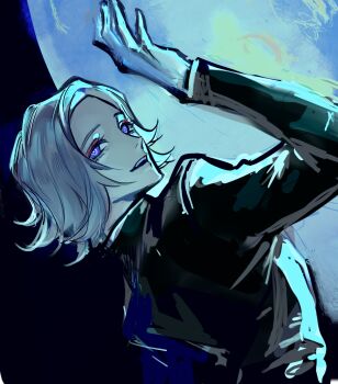 1boy aotsuki_eito black_jacket bright_pupils eyeshadow gloves grey_hair hand_up highres jacket jiangxing427 last_defense_academy_school_uniform looking_at_viewer looking_back makeup male_focus moon no_eyewear open_mouth purple_eyes red_eyeshadow ringed_eyes school_uniform short_hair sketch smile solo teeth the_hundred_line_-last_defense_academy- upper_body upper_teeth_only white_gloves white_pupils