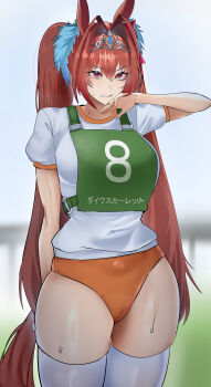 1girl absurdres animal_ears blurry blurry_background blush breasts brown_hair buruma commentary_request daiwa_scarlet_(umamusume) gym_shirt hair_between_eyes hair_intakes highres horse_ears horse_girl horse_tail jitome_no_tsugumi large_breasts long_hair orange_buruma original_race_uniform_(umamusume) puffy_short_sleeves puffy_sleeves race_bib red_eyes shirt short_sleeves skindentation solo sweat tail thick_thighs thighhighs thighs tiara twintails umamusume very_long_hair white_shirt white_thighhighs wiping_sweat